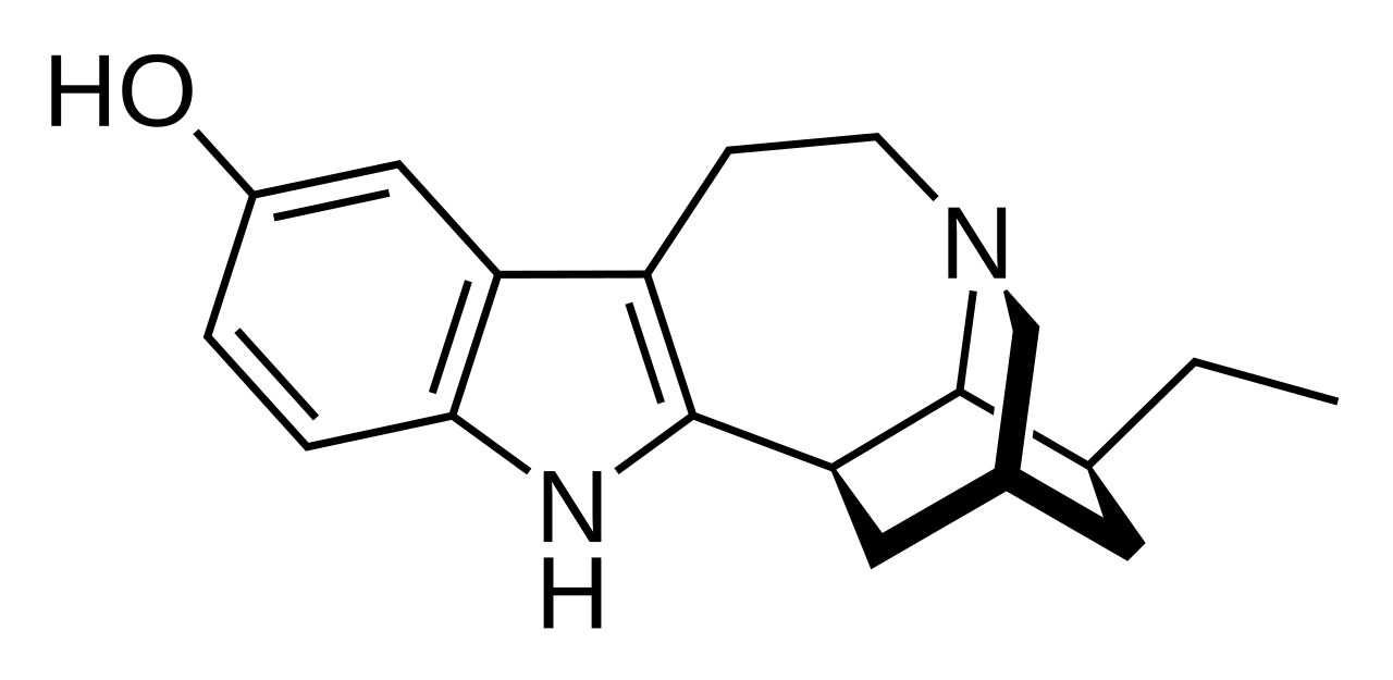 A two-dimensional skeletal chemical structure diagram of noribogaine in black on white, drawn in the same style as the ibogaine structure but carrying HO on the ring at the upper left instead of a methoxy group