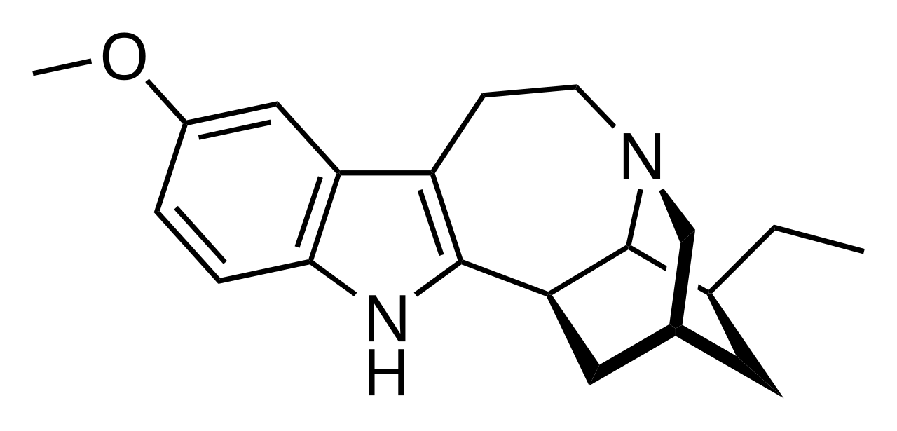A two-dimensional skeletal chemical structure diagram of ibogaine in black on white: a benzene ring bearing a methoxy group fused to an indole, joined to a bridged ring system carrying a second nitrogen and an ethyl group