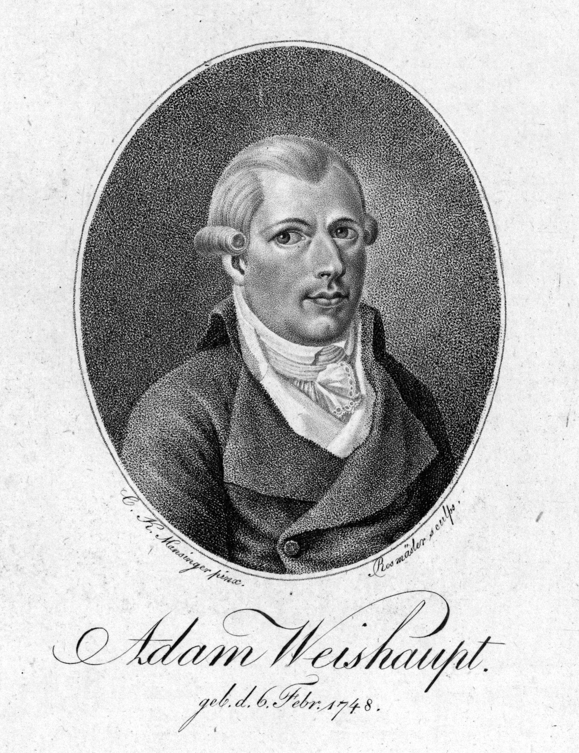 A stipple engraving of a man in an oval vignette. He wears a powdered wig with a single tight roll curl above the ear, a dark coat with a wide collar, a white stock and a lace-edged cravat, and looks out at the viewer. Below the oval, small script reads C. K. Mansinger pinx. at the left and Rossmaesler sculps. at the right. Beneath, in large copperplate script, Adam Weishaupt, and under that geb. d. 6. Febr. 1748.