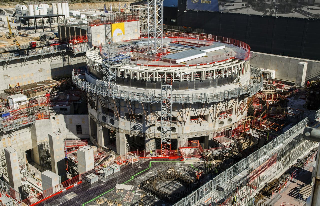 The exterior of the central ITER tokamak complex building under construction, April 2018