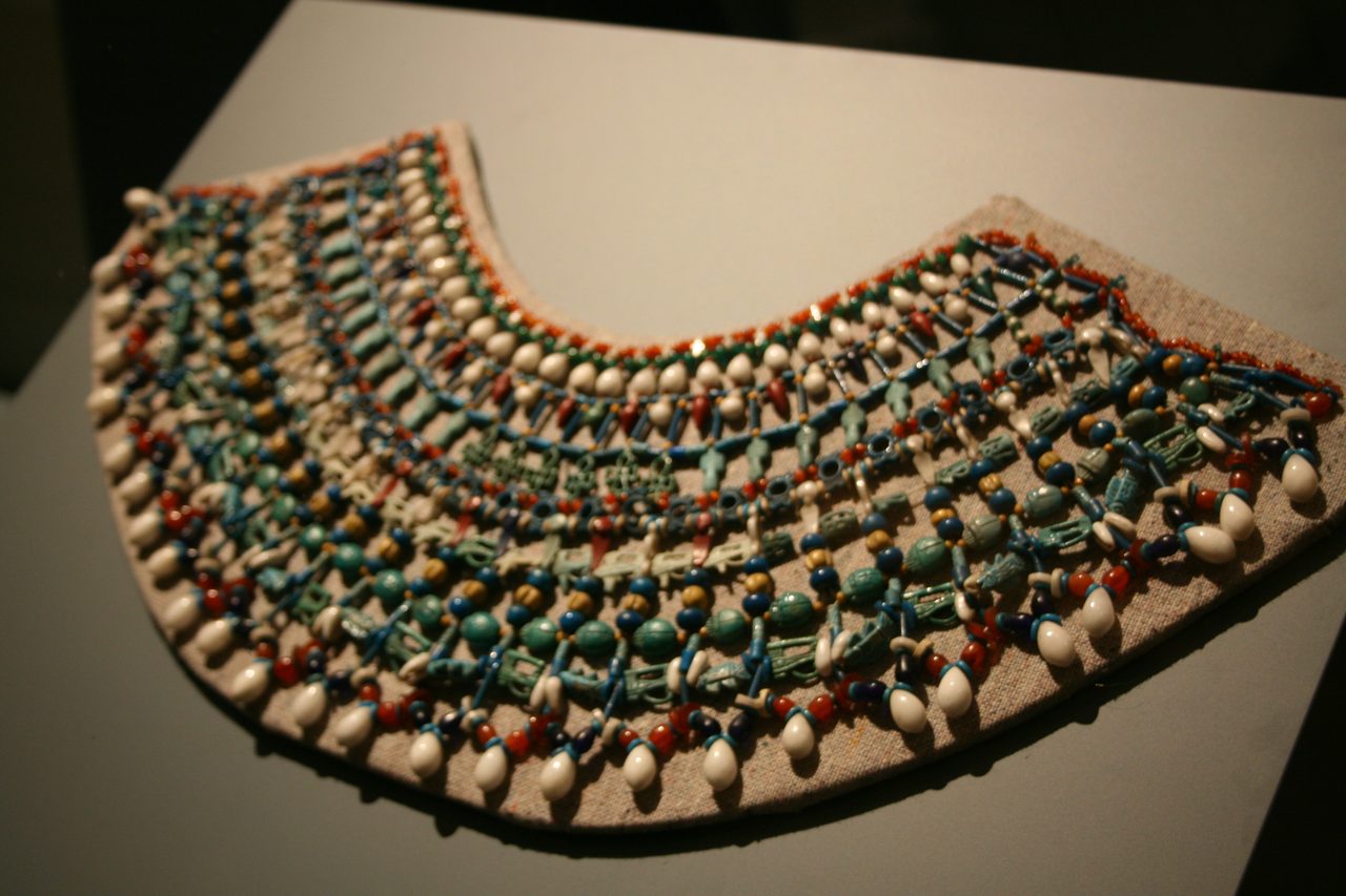 A beaded broad collar of faience, glass and carnelian belonging to Kandake Amanishakheto, recovered from her pyramid at Meroe, now in the Egyptian Museum Berlin