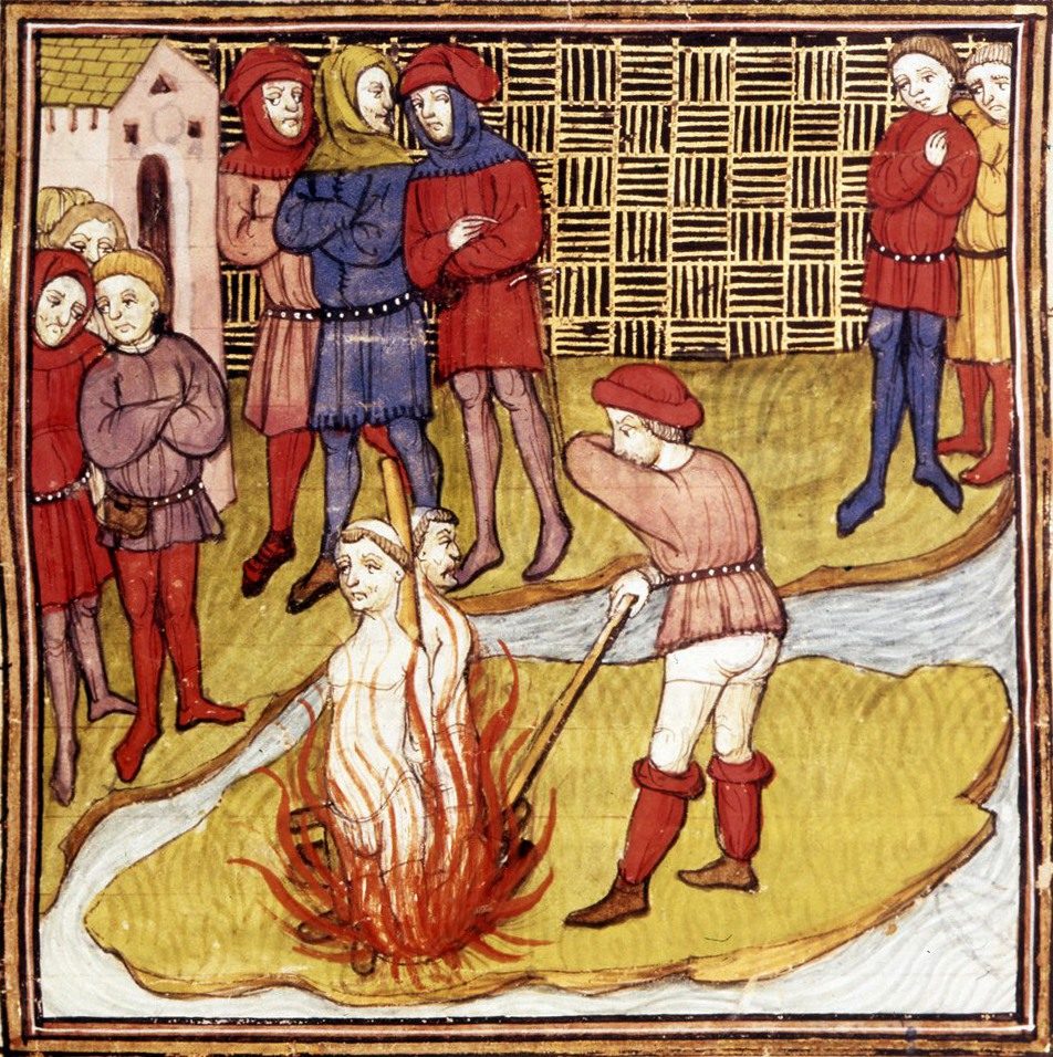 A medieval manuscript illumination depicting the burning of the Grand Master of the Templars and another Templar