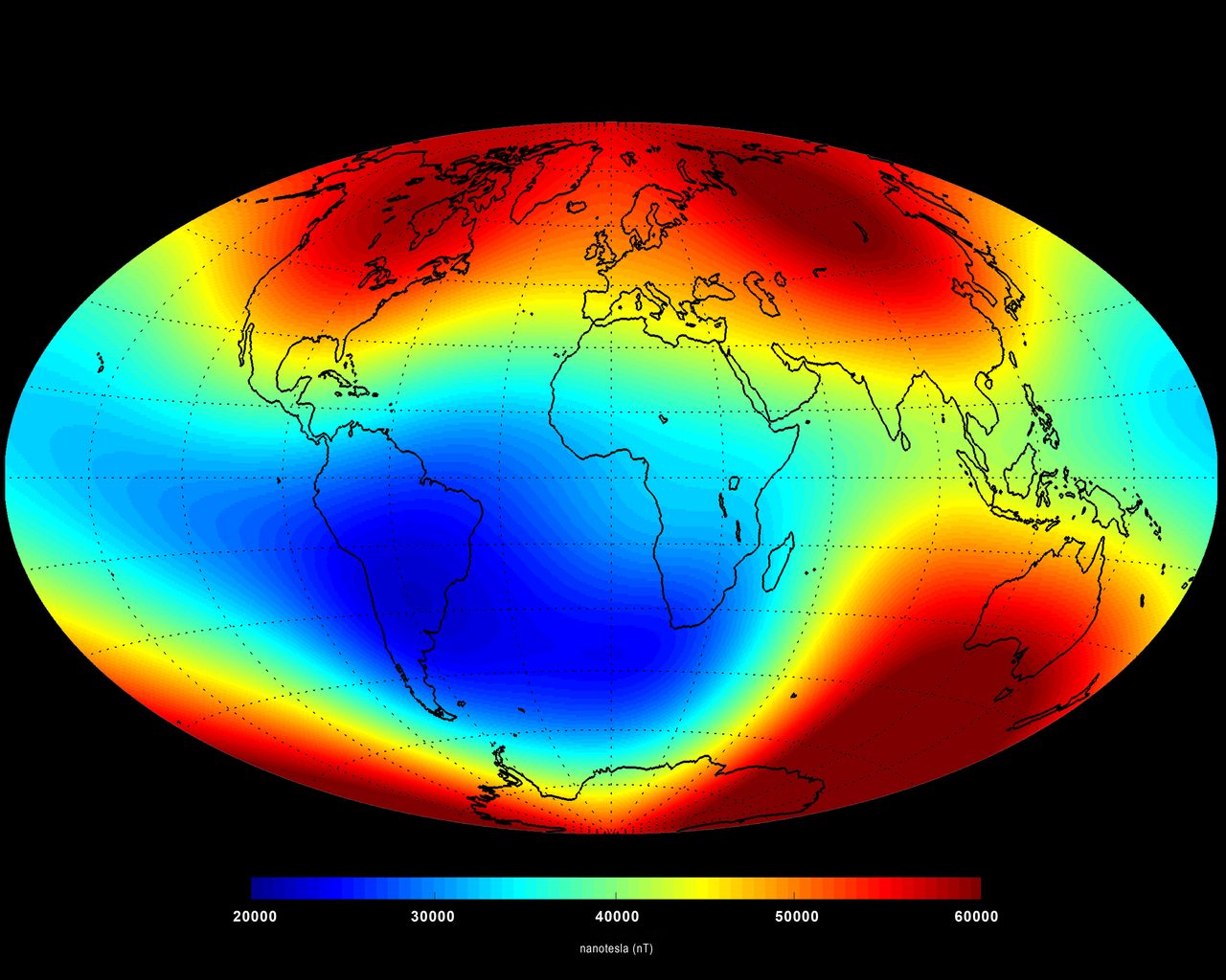 A global Mollweide-projection map of Earth's magnetic field strength from Swarm satellite data, with coastlines outlined, deep blue over the South Atlantic and South America and red at high latitudes, above a colour scale running from 20,000 to 60,000 nanotesla