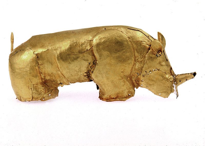 The Golden Rhinoceros of Mapungubwe, gold foil over a carved wooden core, photographed at the University of Pretoria