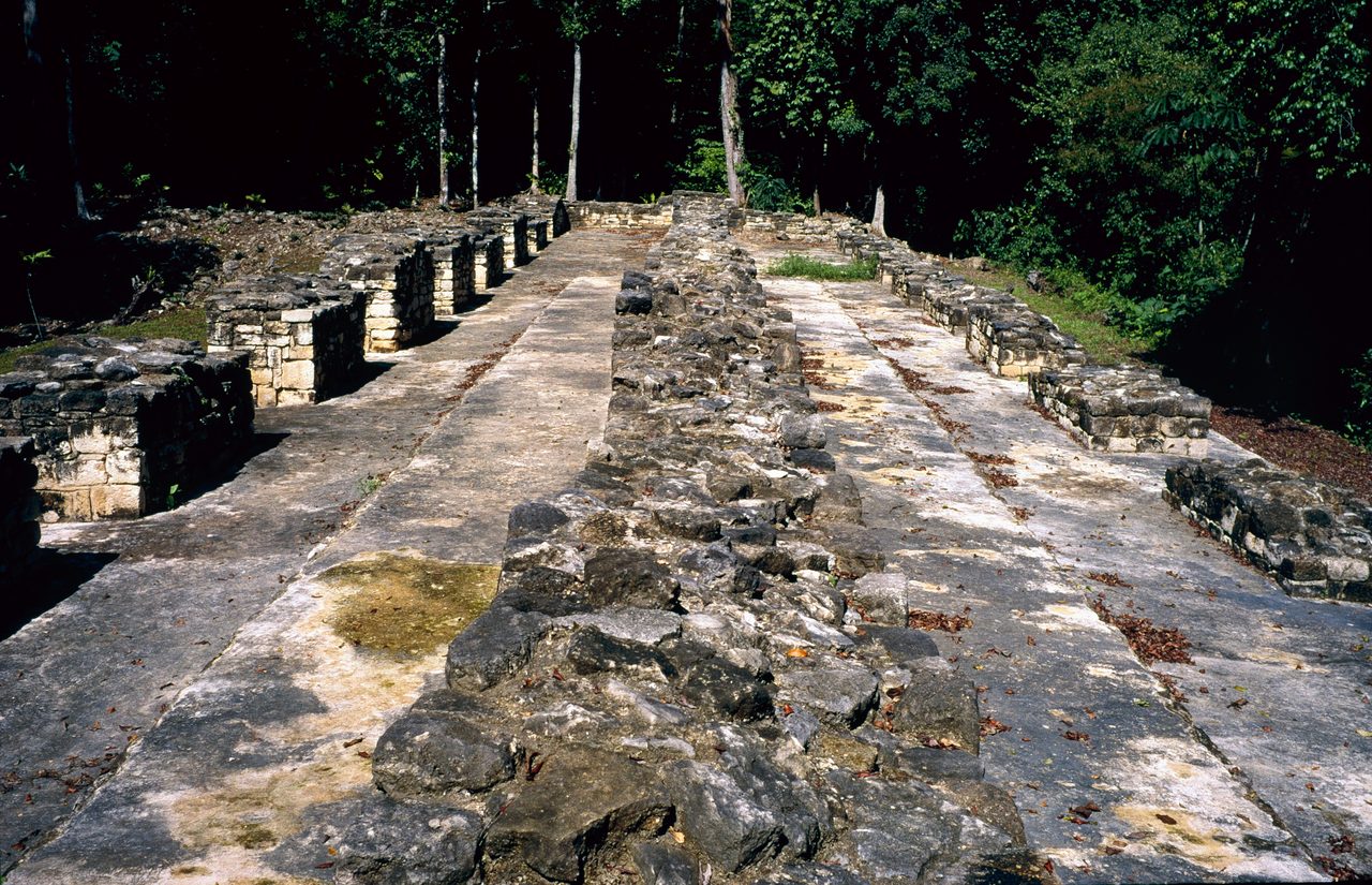 Low ruined wall courses and a pale plastered platform surface running away from the camera at Aguateca, with collapsed stone rubble along the middle and dense forest closing in behind
