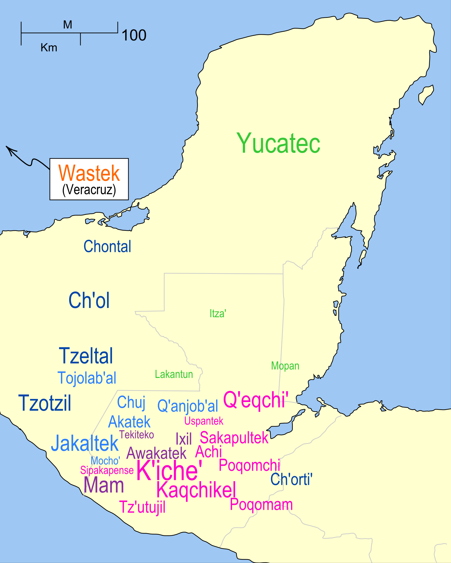 A map of the Yucatan peninsula and the Guatemalan highlands, land in pale yellow against blue sea. Language names are printed across it in coloured type at different sizes, the larger names indicating more speakers. Yucatec is printed large in green across the northern peninsula. Ch'ol and Chontal sit in the west, Tzeltal and Tzotzil below them, and a dense cluster fills the southern highlands including K'iche', Kaqchikel, Mam, Q'eqchi', Poqomam and many smaller names. Ch'orti' sits to the southeast. Wastek is boxed separately at the upper left with an arrow pointing away, labelled Veracruz. A scale bar reads 100 km.