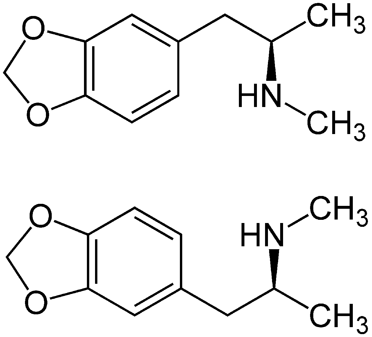 A black and white chemical structural diagram showing two mirror-image molecular forms