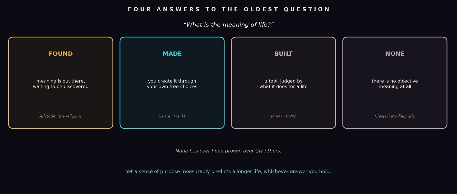 An original diagram placing the question 'What is the meaning of life?' at the center, with four rival answers around it: meaning is found (objective), meaning is made (subjective), meaning is built as a tool (constructed), and there is no meaning (nihilism); a note below states that none has been proven, while a sense of purpose measurably predicts a longer life