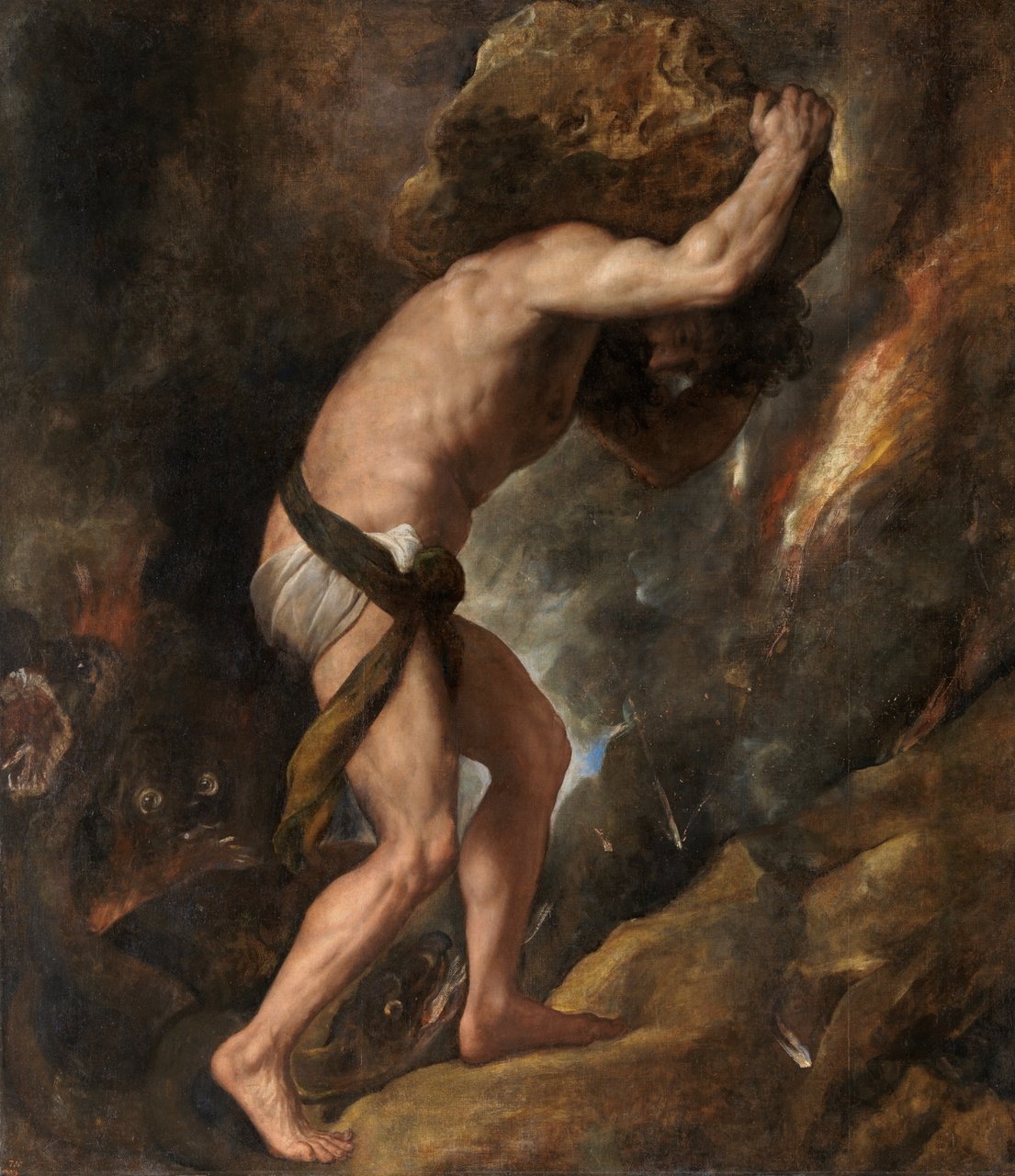 Titian's painting Sisyphus, showing the mythological figure straining to push an enormous boulder up a dark slope
