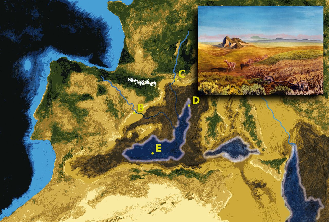A painted aerial view of the Mediterranean with the sea gone, the basin drawn as dark brown exposed ground holding deep blue lakes ringed with pale haloes, yellow letters B, C, D and E marking points on it, and an inset painting of a golden plain with long necked animals walking across it and two rodents in the foreground