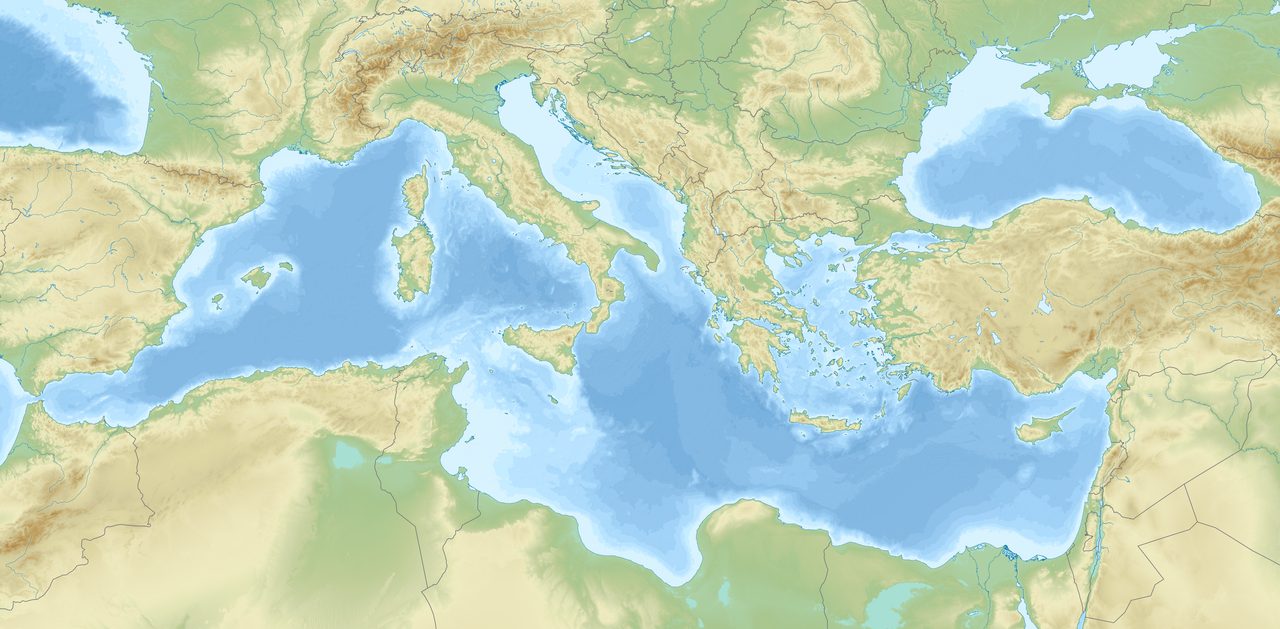 A shaded relief and bathymetry map of the whole Mediterranean region, land in greens and tans with mountain shading and thin border lines, the sea tinted in blues that pale to almost white over the shelves along the coasts