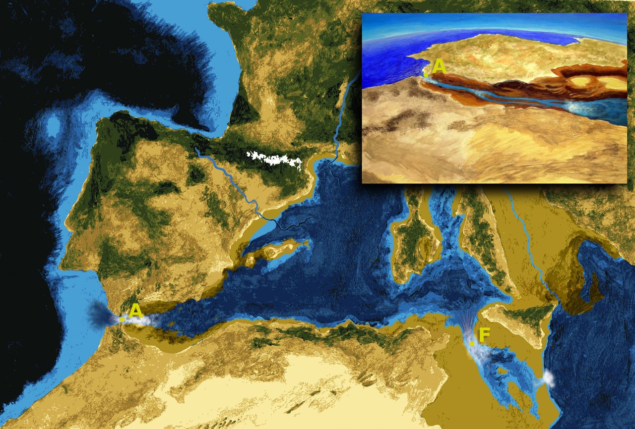 A painted aerial view of the Mediterranean part filled with blue water, a yellow letter A at a narrow gap on the Atlantic side with a pale plume spreading east, a yellow letter F at a gap beside Sicily with a second plume, dry tan ground across the eastern basin, and an inset panel showing water running through a gorge cut in dry ground