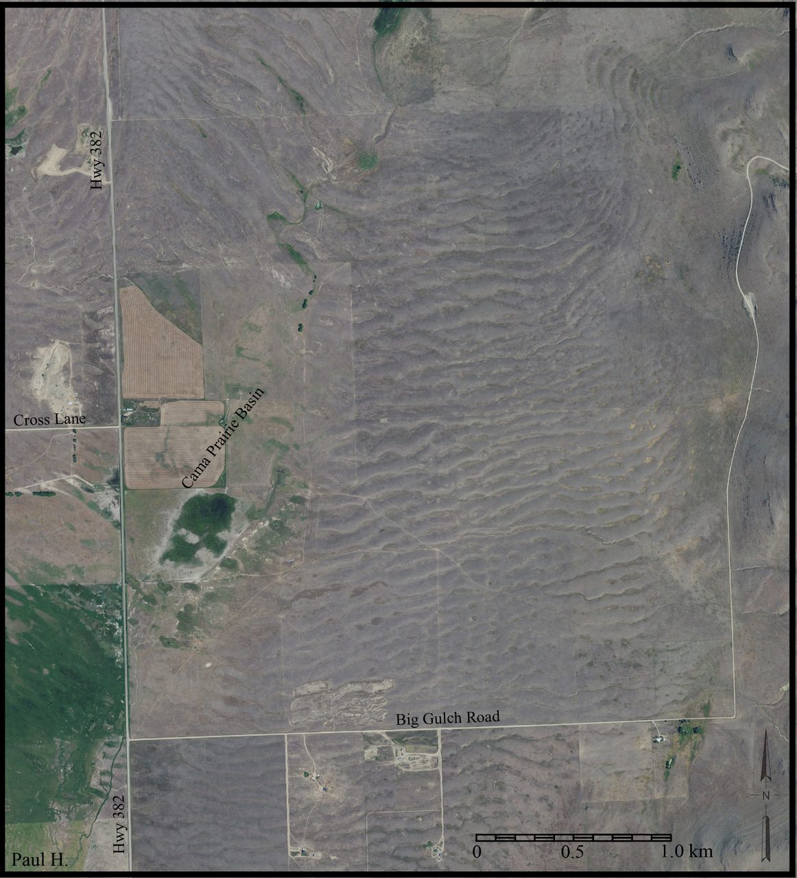 An aerial view of giant current ripples at Camas Prairie, Montana, the largest current ripples known on Earth