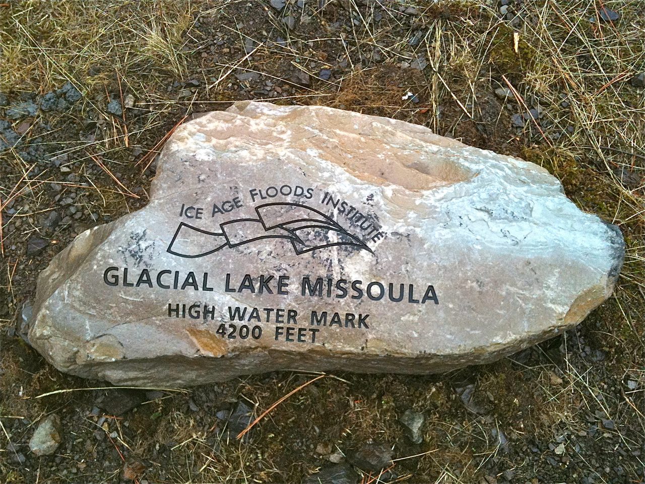 A rock outcrop above Missoula, Montana, marked by the Ice Age Floods Institute as the high water line of Glacial Lake Missoula at 4,200 feet elevation
