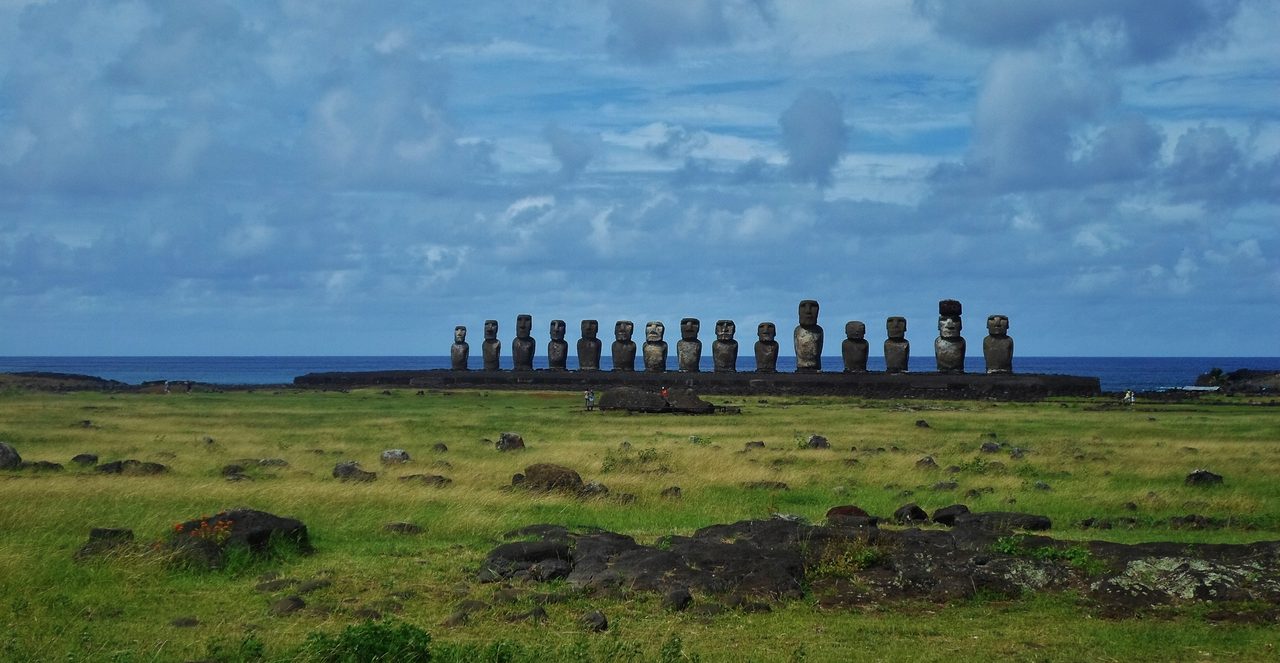 Fifteen re-erected moai standing on Ahu Tongariki, the largest ahu on Rapa Nui