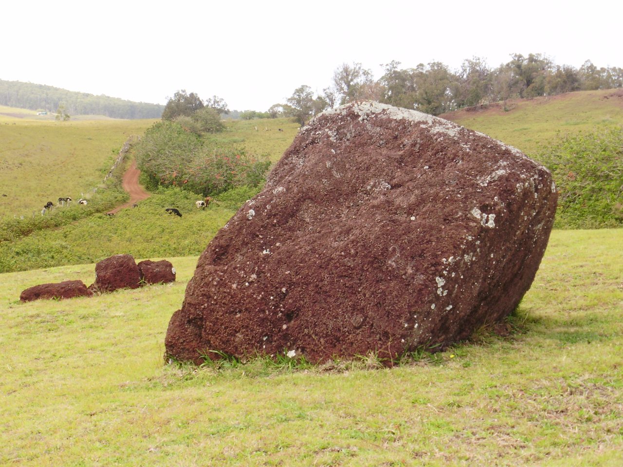 A pukao, the cylindrical red-scoria topknot carved for moai, photographed at the Puna Pau quarry