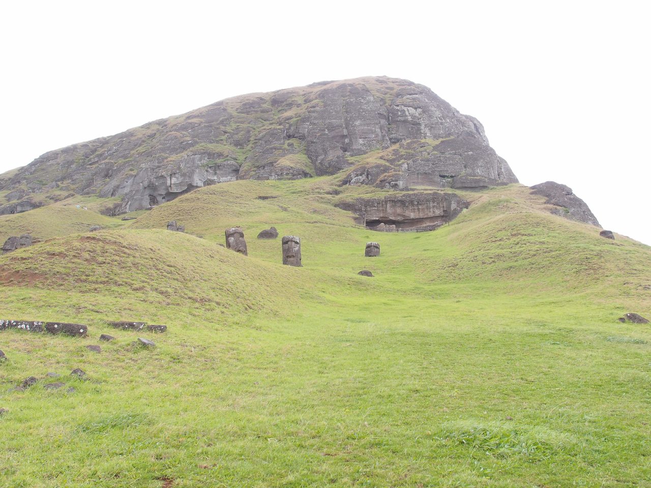 Moai statues partially buried on the slope of the Rano Raraku quarry