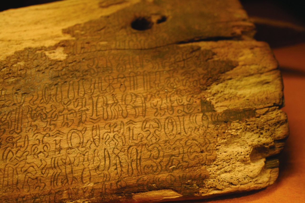 An original rongorongo tablet carved with undeciphered glyphs, held at the Bishop Museum in Honolulu