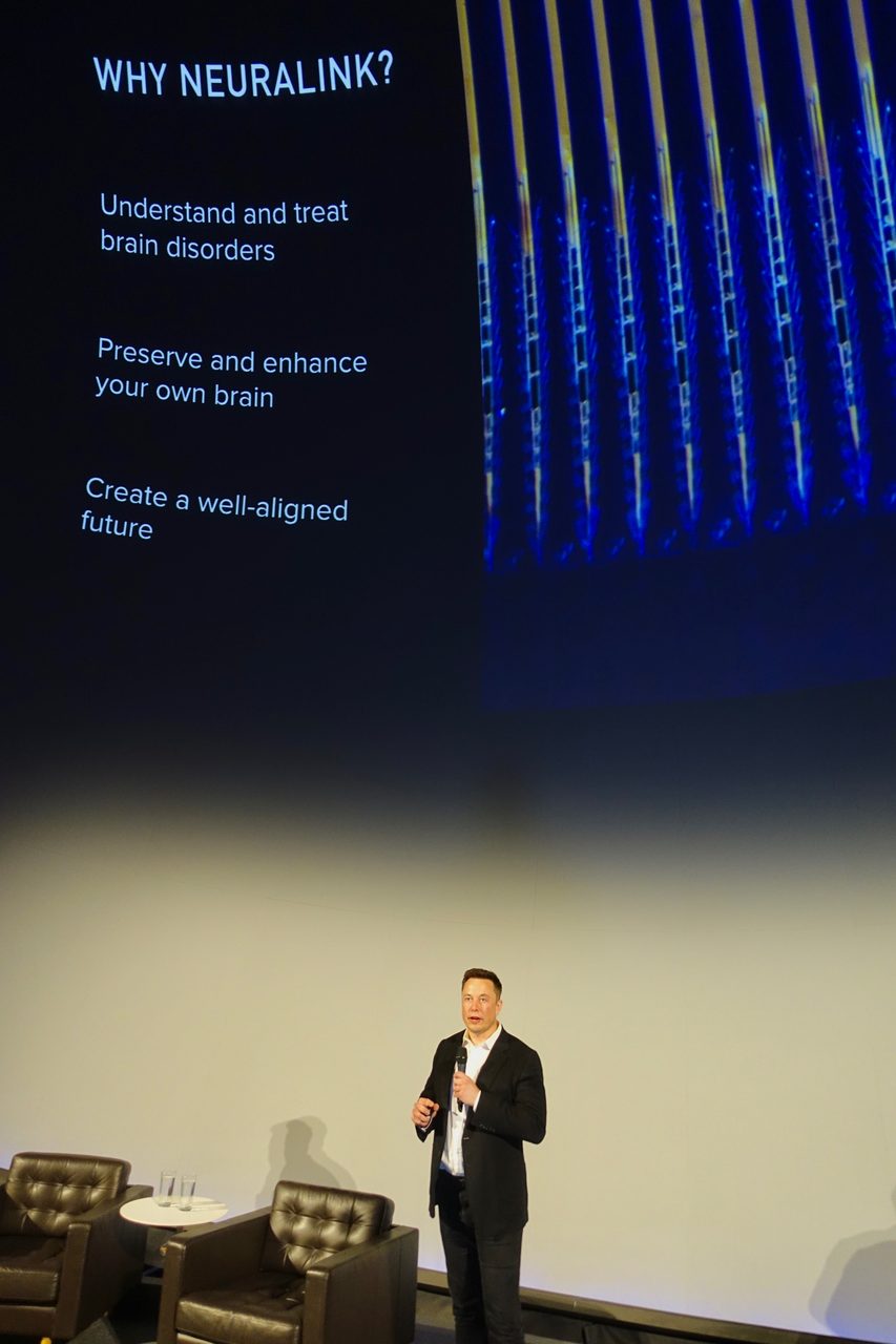 Elon Musk presenting, with a company slide behind him showing Neuralink's own rendering of its electrode threads