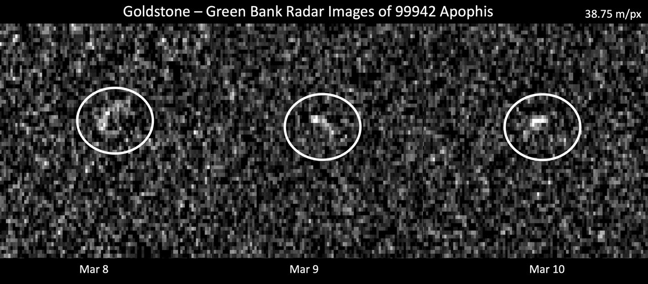 A composite of radar images of asteroid 99942 Apophis obtained on 8, 9 and 10 March 2021 with the Goldstone antenna and the Green Bank Telescope
