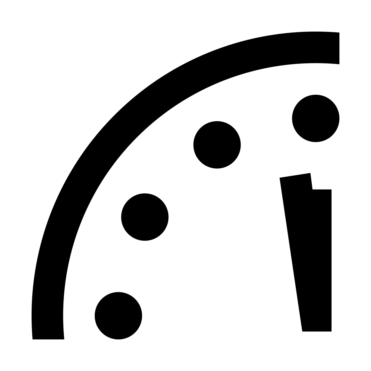 An illustrated Doomsday Clock face showing the minute and second hands set at eighty-five seconds before midnight, the closest position in the clock's history