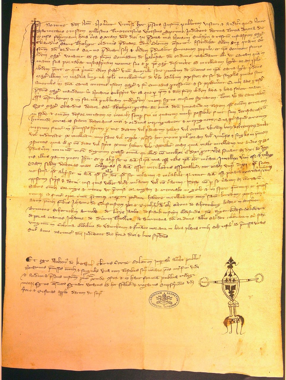 A photographic reproduction of a single-leaf medieval Latin notarial document written in a scribal hand