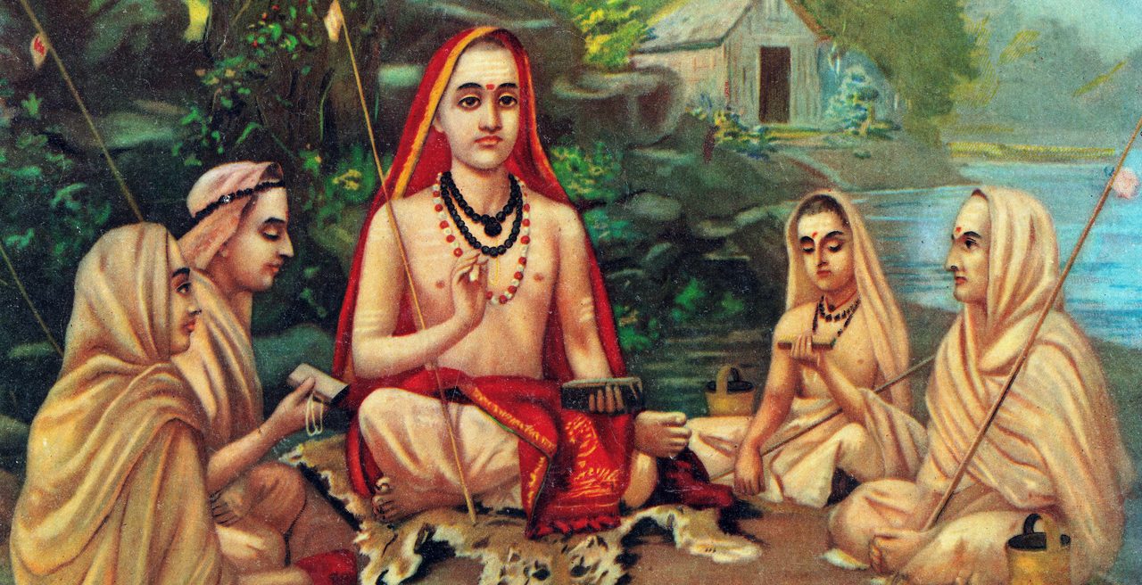 An image of Adi Shankara seated with disciples, made by the Indian painter Raja Ravi Varma about 1904 in a nineteenth-century Indian academic style