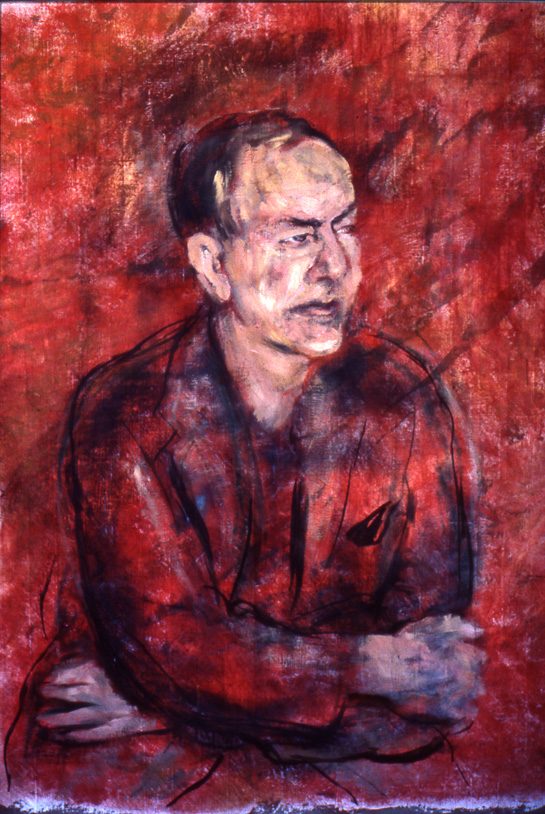 A painted half length portrait of a man with a broad bald crown and dark hair at the sides, his arms folded and his head turned to one side with the mouth slightly open, worked in loose visible brushstrokes; the ground, the jacket and almost the whole canvas are deep red, with the face and the hands picked out in pale cream and grey and the arms and shoulders drawn over the paint in dark charcoal lines.