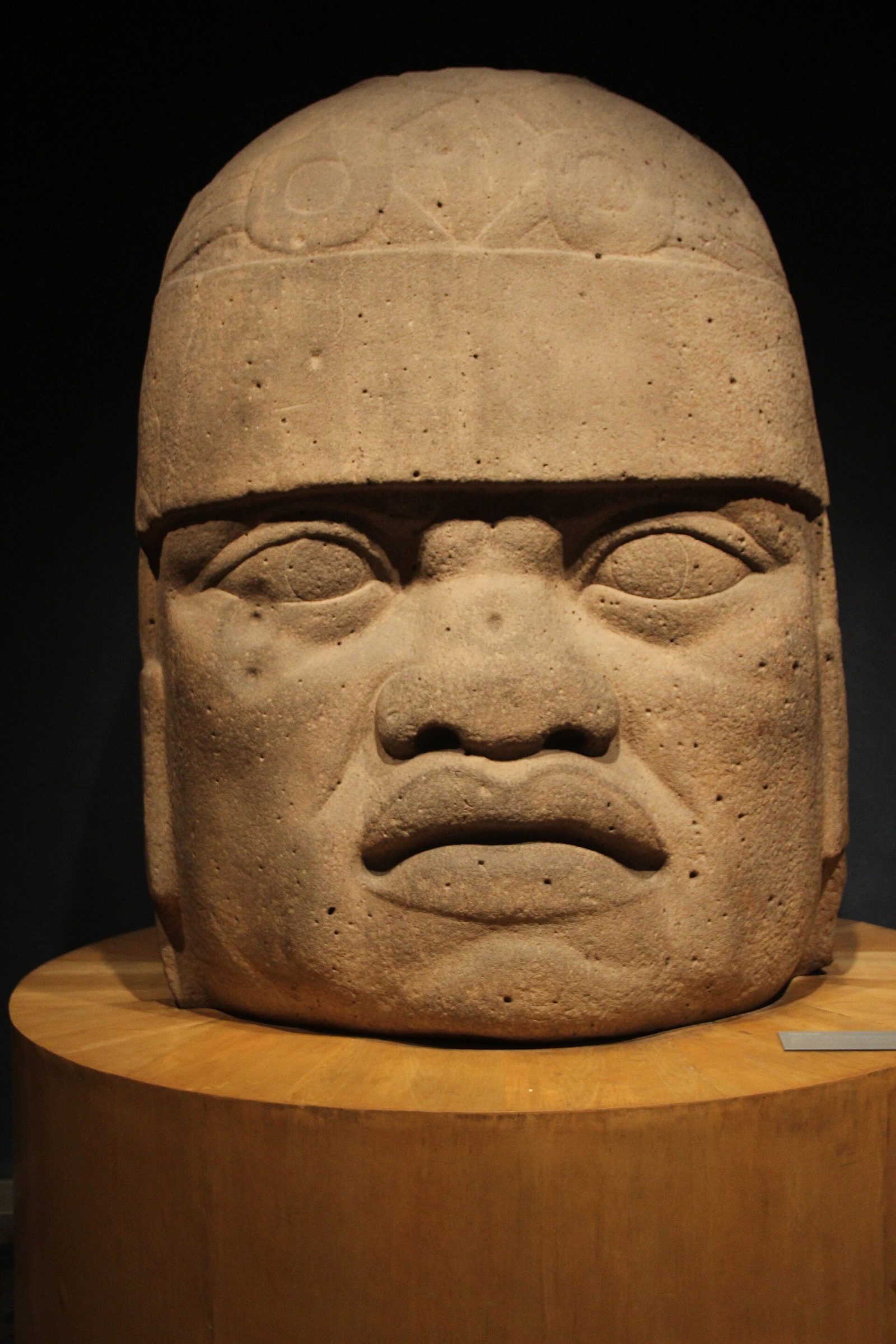 A colossal Olmec head seen from the front on a plain wooden museum drum against a black wall. The coarse tan-grey basalt is heavily pitted with small vesicles. The helmet-like headdress carries an incised band of linked oval and geometric motifs across the brow. Deep-set eyes with defined lids, a broad flat nose, thick everted lips slightly parted and fleshy cheeks. A small white museum label sits at the lower right.