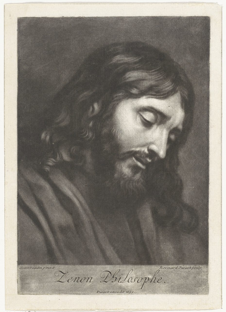 A 1699 mezzotint of a bearded man with long hair, head bowed and eyes lowered, lettered Zenon Philosophe beneath the image