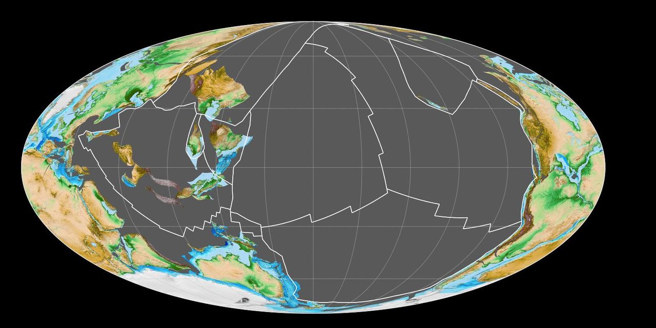 A Mollweide projection map of Earth about 250 million years ago, centred on the Panthalassa superocean, with the open ocean shown as featureless grey and continental margins running around the rim