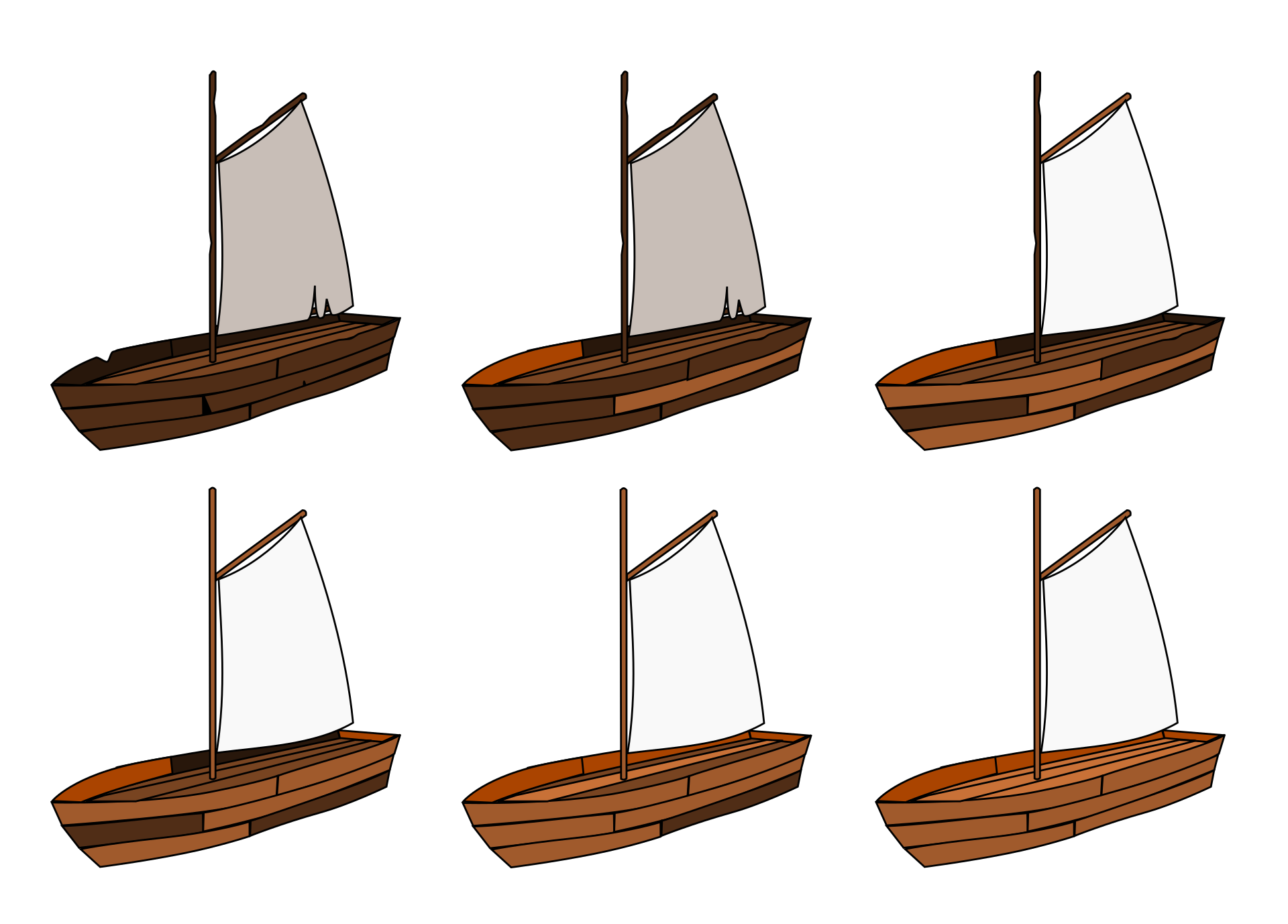 An illustration of the Ship of Theseus paradox: six drawings of a planked wooden boat, three across a top row and three across a bottom row, the hull changing from dark timber to pale plank by plank