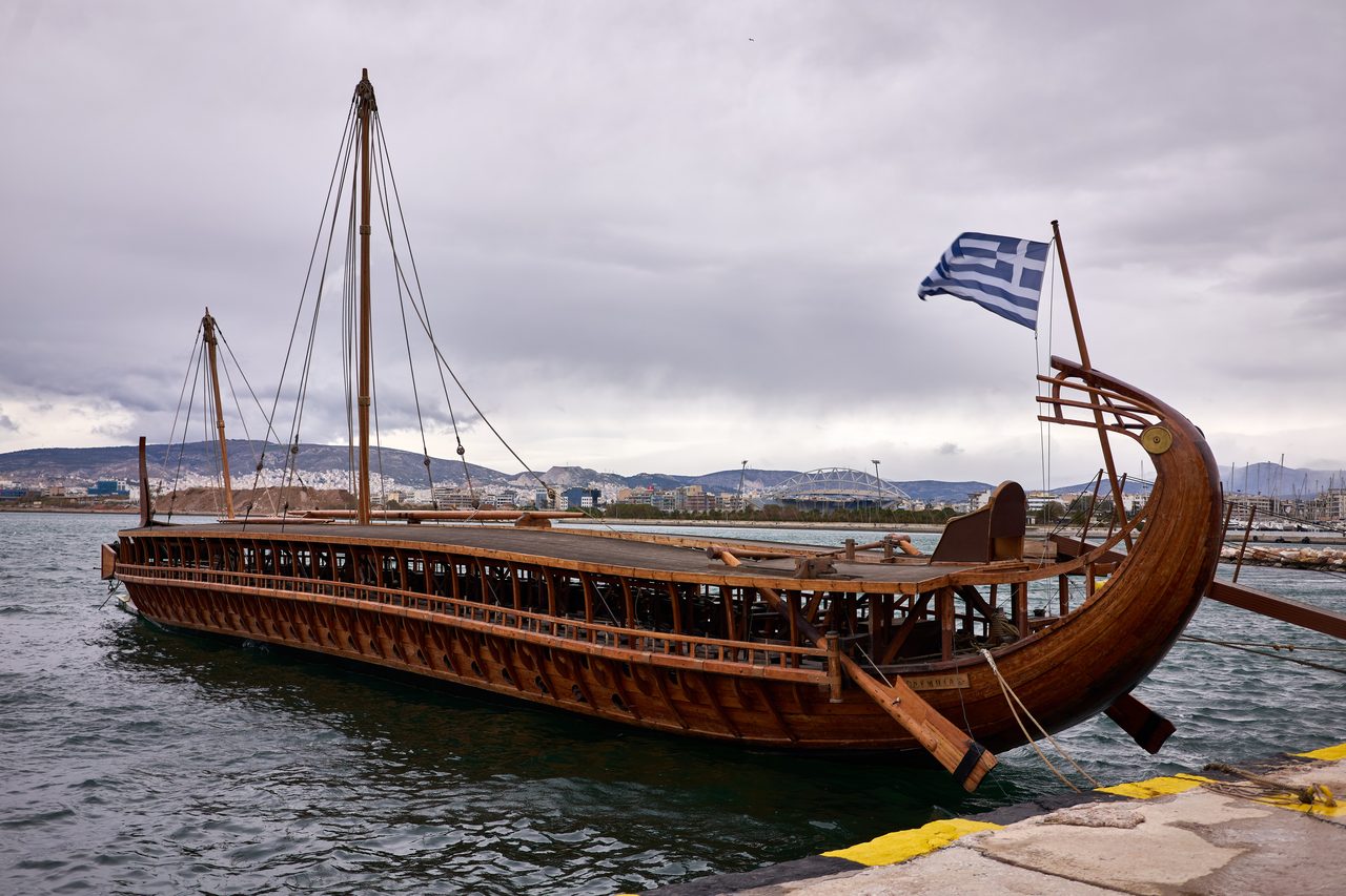 The Olympias, a modern reconstruction of an ancient Athenian trireme, photographed in a marina at Paleo Faliro in Greece
