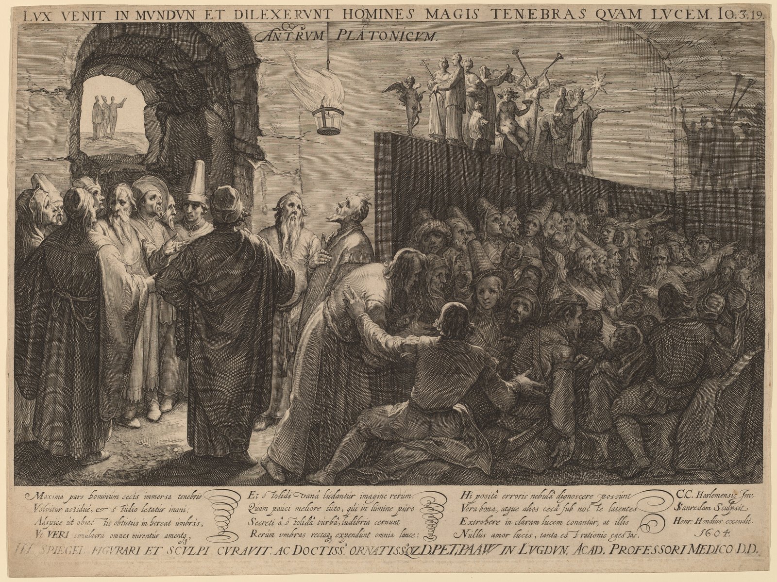 A detailed 1604 engraving titled Antrum Platonicum (Plato's Cave): a crowded cave interior with a hanging flame, a raised parapet along which figures carry statues, a throng of onlookers absorbed in the shadows, and an archway opening onto bright daylight where two figures stand
