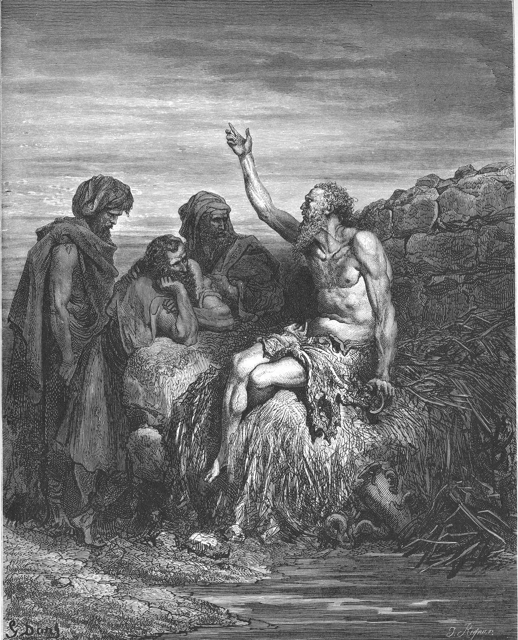 An 1866 Dore engraving of Job seated on a heap with his arm raised, three companions around him, signed G. Dore and J. Regnier in the plate