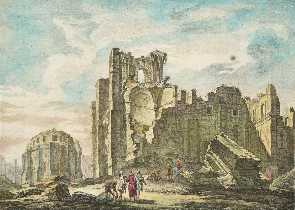 An engraving of 1757 by Jacques-Philippe Le Bas showing the ruins of Lisbon Cathedral after the earthquake of 1755