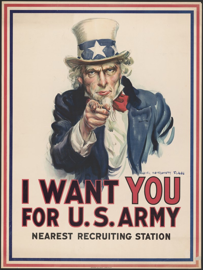 The 1917 US Army recruitment poster by James Montgomery Flagg: Uncle Sam in a top hat, pointing directly at the viewer, above the words 'I Want You for U.S. Army'