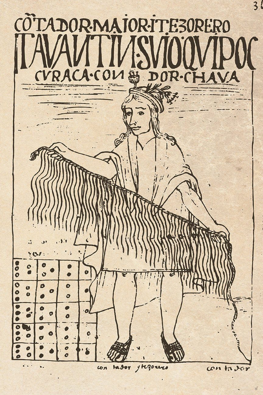 A circa-1615 pen-and-ink drawing on aged paper of a standing Andean official holding a large quipu, its many pendant cords hanging down, with a grid-like counting board covered in dots at the lower left