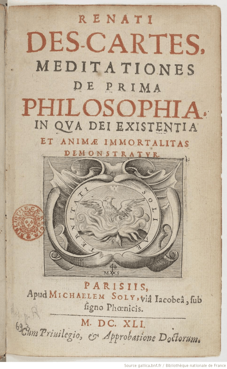 The printed title page of the 1641 Paris first edition of Descartes's Meditationes de prima philosophia, with a phoenix device and the imprint of Michel Soly