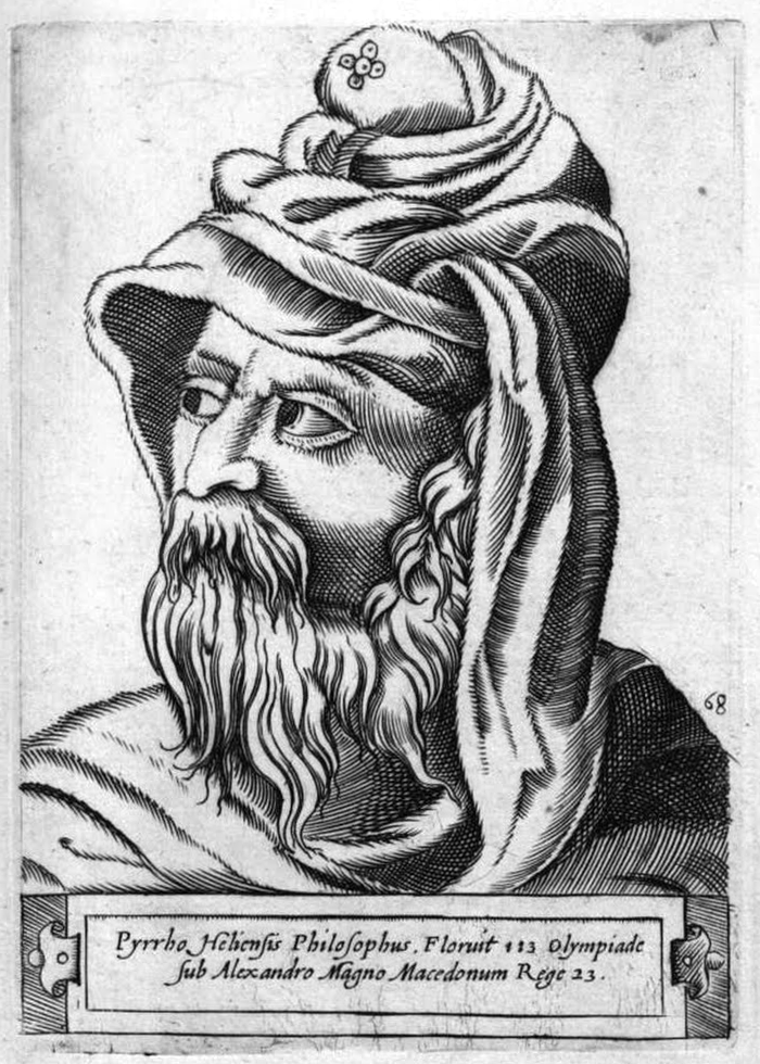 An engraved bust-length portrait purporting to show Pyrrho of Elis, from Girolamo Olgiati's printed volume of philosopher portraits of 1580
