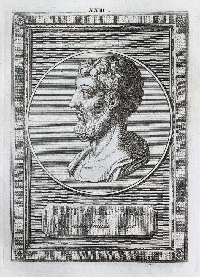 An eighteenth-century engraving by Gottlieb Friedrich Riedel showing a coin or medal that depicts Sextus Empiricus