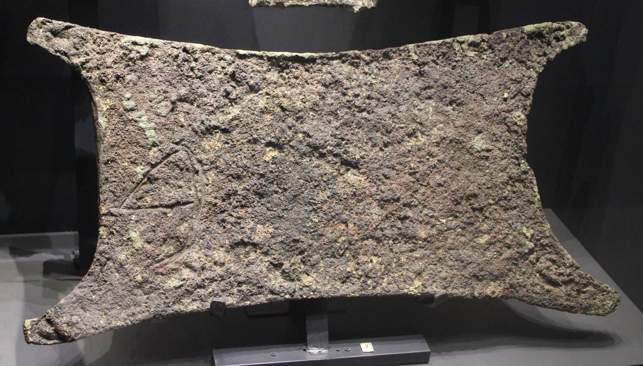 An oxhide-shaped copper ingot recovered from the Uluburun shipwreck, displayed at the Bodrum Museum of Underwater Archaeology