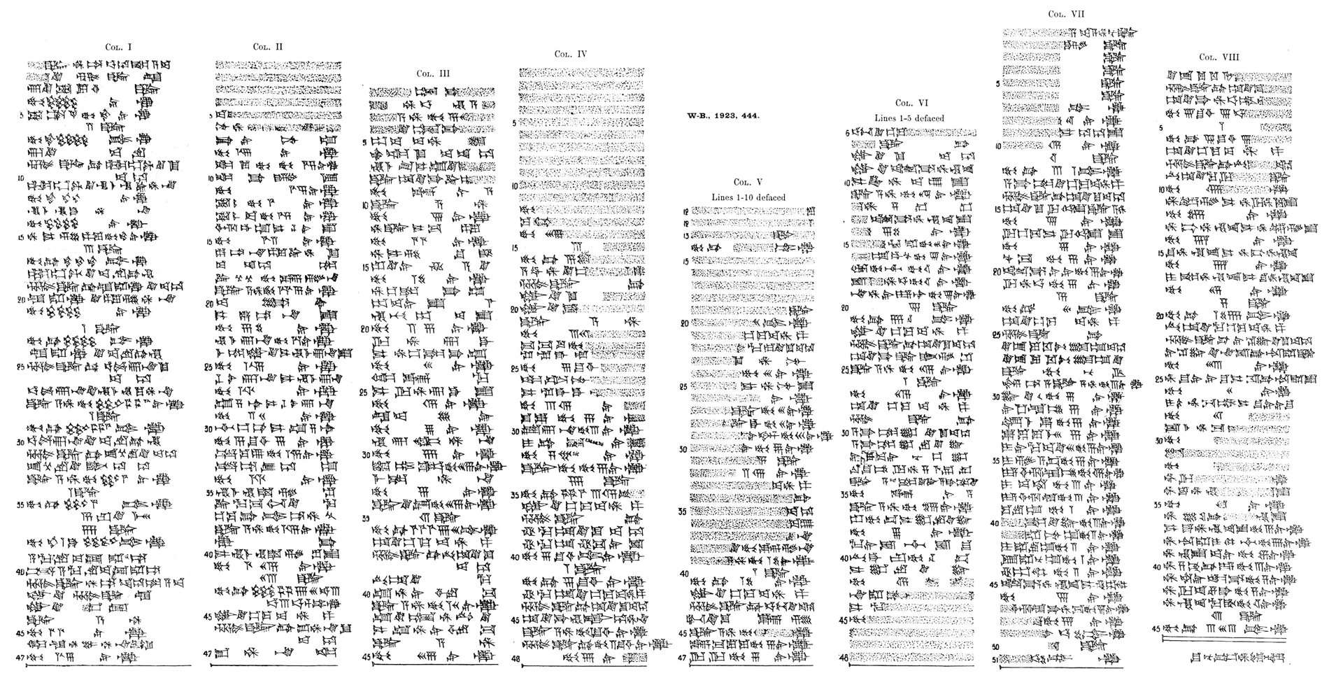 A large printed plate of hand-copied cuneiform, black on white, arranged in eight tall columns headed COL. I through COL. VIII, each with line numbers running down its left edge in fives. Long runs of lines in several columns are rendered as grey stippled bands where the original is broken. Printed in the middle of the sheet is the designation W-B., 1923, 444.