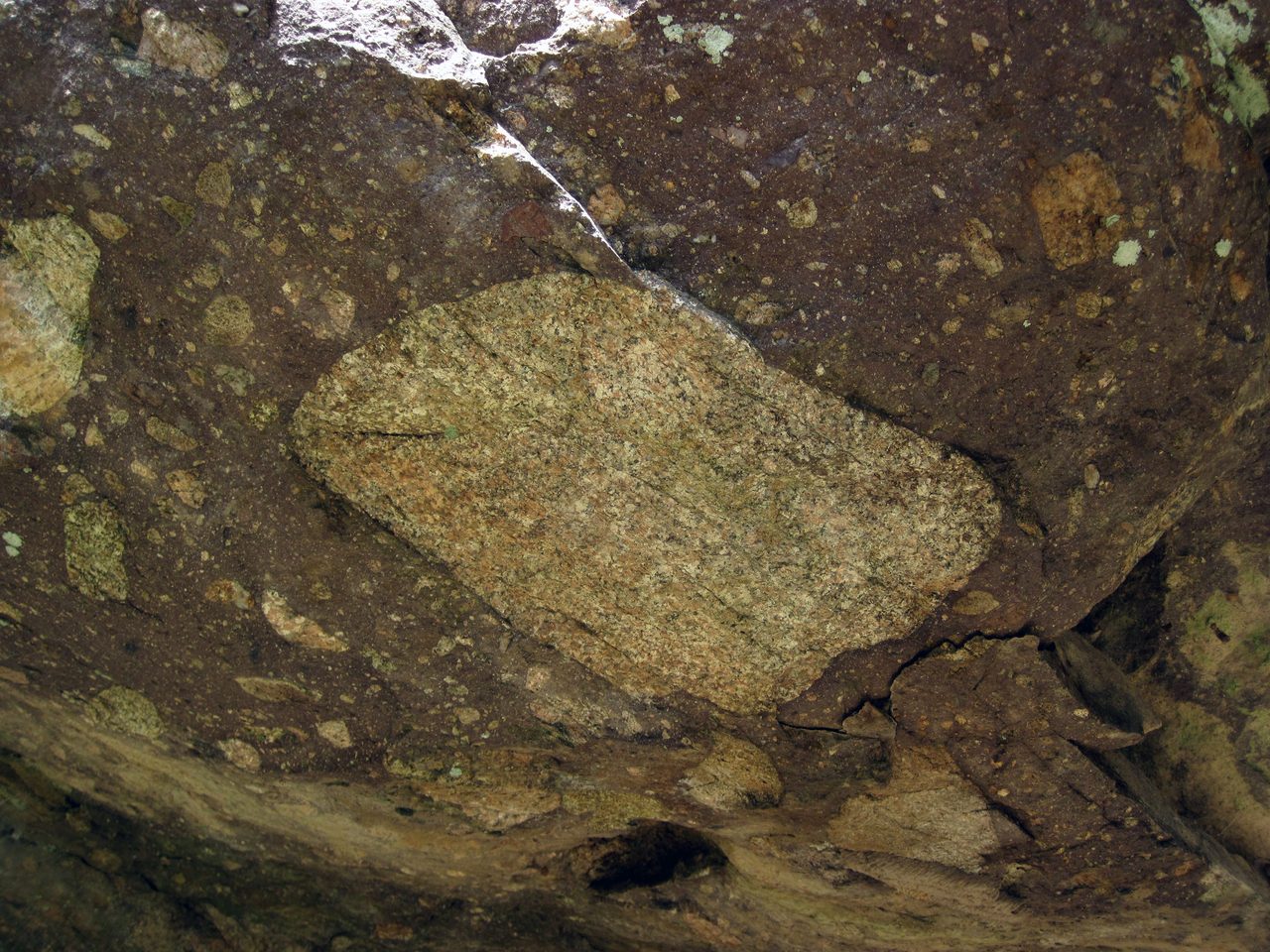 A dark brown rock face with one large angular pale greenish tan block set into it and many smaller pale stones scattered at random through the surrounding dark matrix, with no layering anywhere