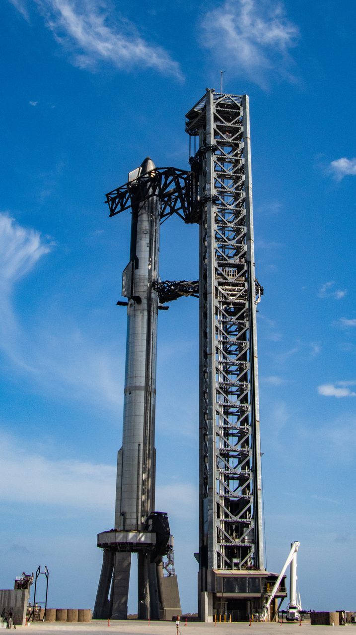SpaceX's Starship fully stacked on the orbital launch mount at Starbase, Texas, before a test flight