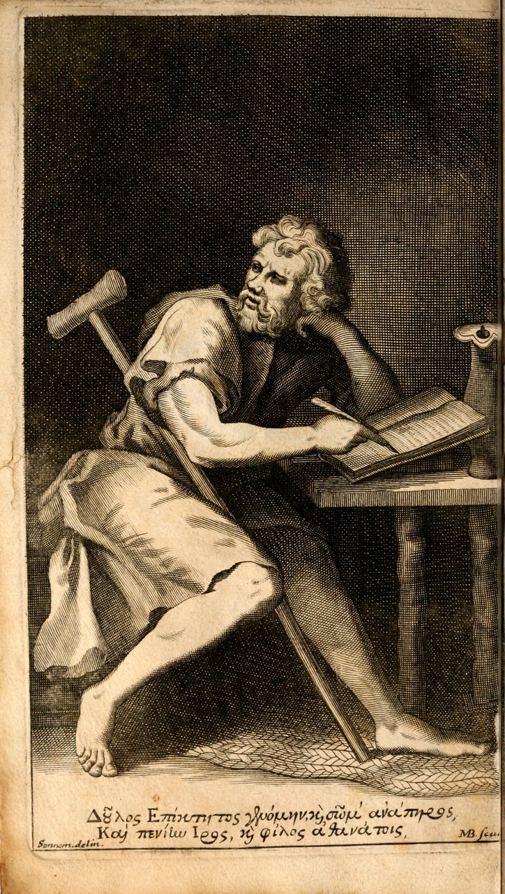 An eighteenth-century engraved portrait plate of Epictetus, the frontispiece to a Latin translation of the Enchiridion printed at Oxford in 1715