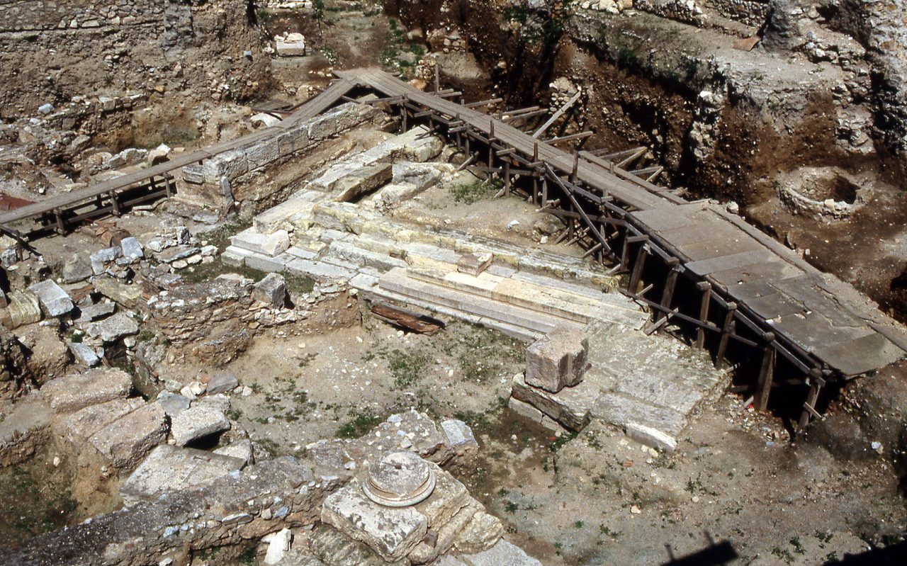 Excavated ancient wall footings and foundation blocks north of Adrianou Street in Athens, identified by the photographer as the west end of the Stoa Poikile