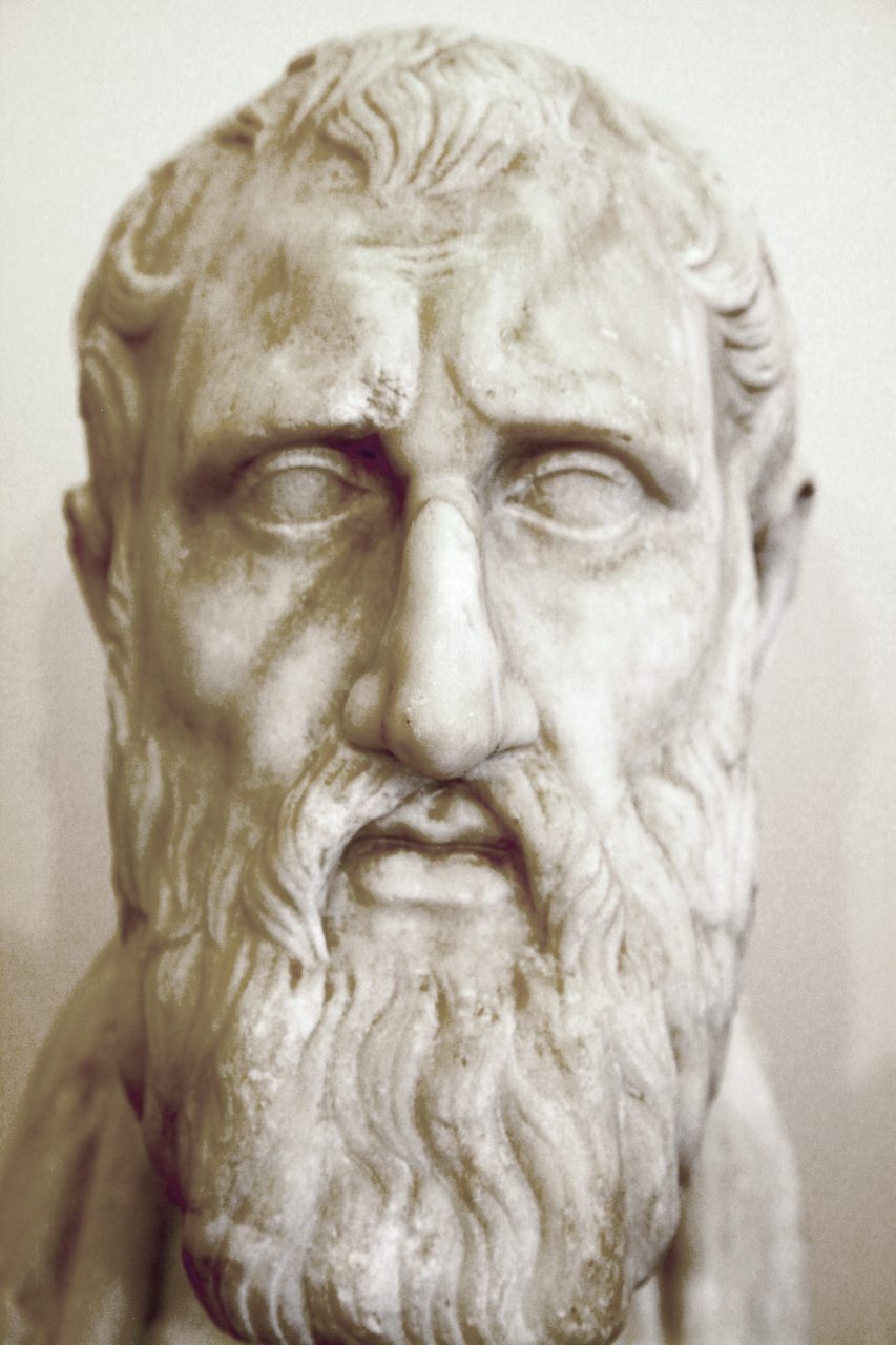 A marble portrait bust of a bearded man, catalogued as Zeno of Citium, in the National Archaeological Museum of Naples