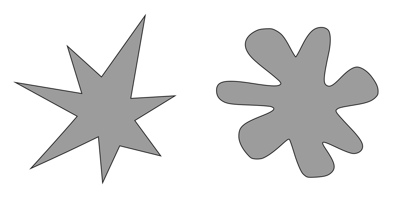 Two grey shapes on white, side by side and unlabelled: a sharply pointed seven-armed star at left and a rounded seven-lobed blob at right