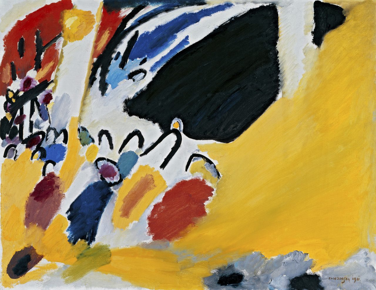 An abstract oil painting dominated by a broad yellow field, with a large black wedge at upper right, a row of sweeping black arcs across the centre, and patches of red, blue and violet at the left, signed at lower right
